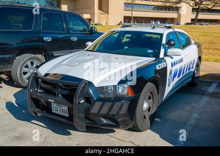 Dallas Dodge police car devant l'hôtel de ville de Dallas dans le centre-ville de Dallas, Texas, États-Unis. Banque D'Images