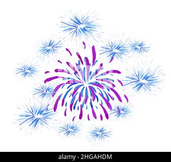 Aquarelle feux d'artifice bleus et rouges isolés sur fond blanc, Wedding Banque D'Images