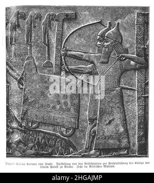 Le roi Tiglath-Pileser III assiéger une ville, bas-relief du Palais central à Nimrud, Empire assyrien Banque D'Images