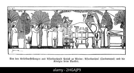 Roi Ashurbanipal soulagement du palais représentant le roi et la reine banquet assisté par des serviteurs, l'Empire néo-assyrien Banque D'Images