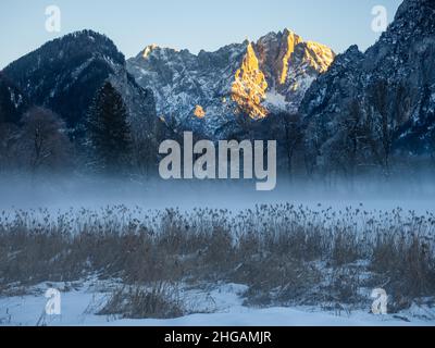 Paysage d'hiver dans le brouillard, entrée de Gesäuse, Grosser Oedstein en arrière-plan au coucher du soleil, Parc national de Gesäuse, Styrie, Autriche Banque D'Images