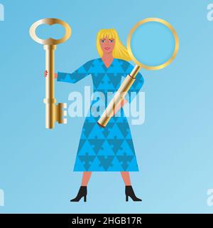 Femme avec clé dorée et loupe. Pièces de puzzle sur la robe. Illustration vectorielle. Illustration de Vecteur