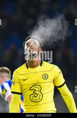 Callum Hudson-Odoi, de Chelsea, se défait après avoir manqué une chance lors du match de la Premier League entre Brighton & Hove Albion et Chelsea au stade Amex, Brighton, Royaume-Uni - 18th janvier 2022 - usage éditorial uniquement.Pas de merchandising.Pour les images de football, les restrictions FA et Premier League s'appliquent inc. Aucune utilisation Internet/mobile sans licence FAPL - pour plus de détails, contactez football Dataco Banque D'Images