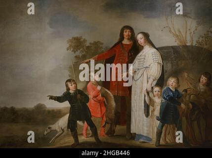 Pieter Fransz de Grebber (env.1600-1652/1653).Peintre hollandais de l'âge d'or.Groupe familial.Portrait de famille dans un paysage, ca.1630. Il dépeint une famille noble dans une scène de chasse, les parents avec leurs quatre fils.Huile sur toile (204,5 x 291,5 cm).Huile sur toile.Musée national d'Art ancien Lisbonne, Portugal. Banque D'Images