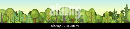 Forêt plate. Composition horizontale sans couture. Feuillage. Style de dessin animé. Paysage rural vert drôle. Mettez le jeu à niveau. Design comique. Jolie scène avec arbres Banque D'Images