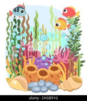 Récif de corail. Fond du réservoir. Océan de mer. Sous l'eau. Paysage avec poissons, plantes, algues et coraux. Bulles. Isolé. Illustration en dessin animé Banque D'Images