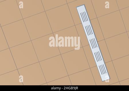 Long drain de douche rectangulaire avec grille en acier inoxydable dans la salle de bains au sol avec carreaux de céramique.3d rendu Banque D'Images
