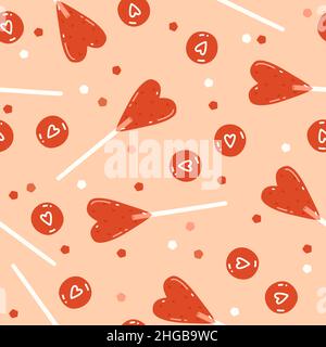 Motif Saint-Valentin sans coutures avec sucettes rouges en forme de coeur, dragées avec coeurs dessinés et confettis Illustration de Vecteur