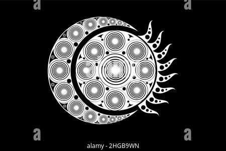 La Lune celtique en spirale et le Soleil celtique, les signes ésotériques et occultes, le motif de la lune en croissant, le soleil radiant ésotérique, l'illustration vectorielle isolée sur le noir Illustration de Vecteur