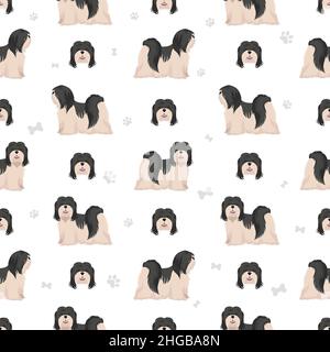 Motif Lhassa Apso sans coutures.Différentes poses, ensemble de couleurs de pelage.Illustration vectorielle Illustration de Vecteur