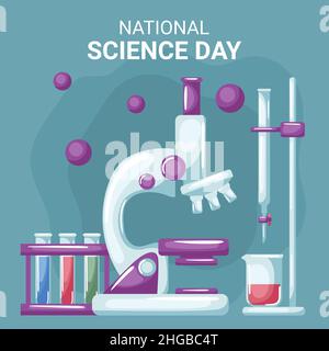 journée nationale de la science avec microscope avec échantillons dans des tubes à essai et support de laboratoire universel Illustration de Vecteur