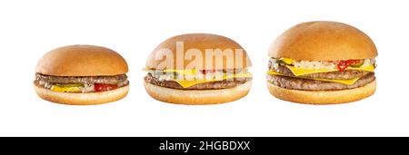 Lot de 3 hamburgers sur fond blanc. Banque D'Images