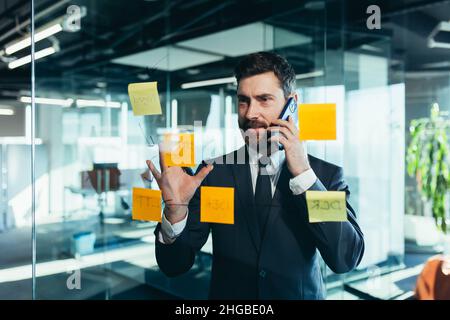 homme d'affaires en réflexion sur un plan de travail en verre, un homme parlant au téléphone, des plans suspendus sur des autocollants en papier de couleur, des plans pour un avenir proche Banque D'Images