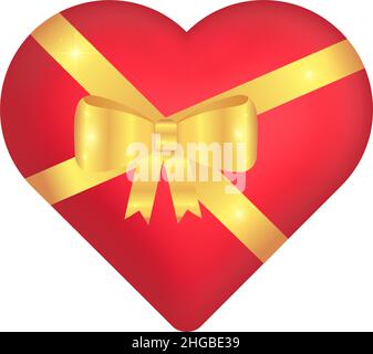 Coeur rouge avec ruban or et noeud.3d coeur sur fond blanc. Illustration de Vecteur