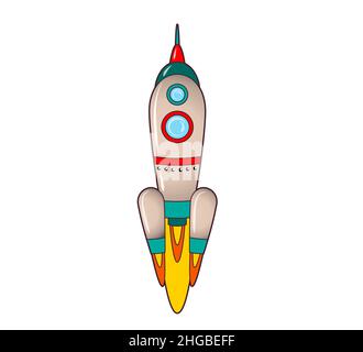 Une fusée qui vole dans l'espace.Icône, livre de coloriage.Illustration vectorielle isolée sur fond blanc, dessin au trait noir et blanc Illustration de Vecteur