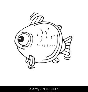 Poisson rond amusant.Personnage animal de dessin animé.Monde sous-marin.Esquisse de contour.Le dessin à la main est isolé sur un fond blanc.Vecteur Illustration de Vecteur