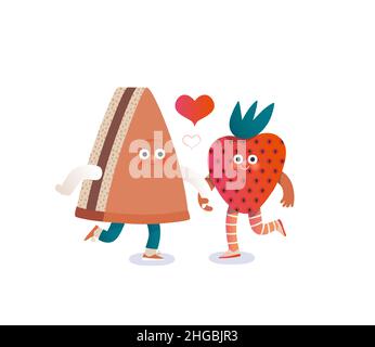 Parfait couple -motifs de la Saint-Valentin.Illustration moderne de concept de vecteur plat - un morceau de gâteau court et une fraise dans l'amour, tenant leurs mains.Personnages adorables en amour, concept parfait assorti Illustration de Vecteur