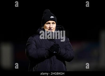 Emma Hayes, directrice de Chelsea, après le quart de finale de la coupe de la Ligue des femmes continentales au stade Chigwell Construction, à Londres.Date de la photo: Mercredi 19 janvier 2022. Banque D'Images