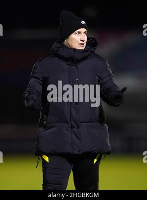 Emma Hayes, directrice de Chelsea, après le quart de finale de la coupe de la Ligue des femmes continentales au stade Chigwell Construction, à Londres.Date de la photo: Mercredi 19 janvier 2022. Banque D'Images