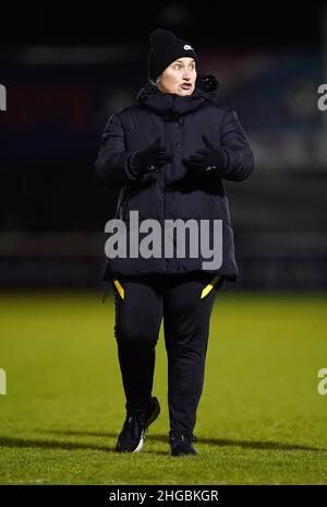 Emma Hayes, directrice de Chelsea, après le quart de finale de la coupe de la Ligue des femmes continentales au stade Chigwell Construction, à Londres.Date de la photo: Mercredi 19 janvier 2022. Banque D'Images