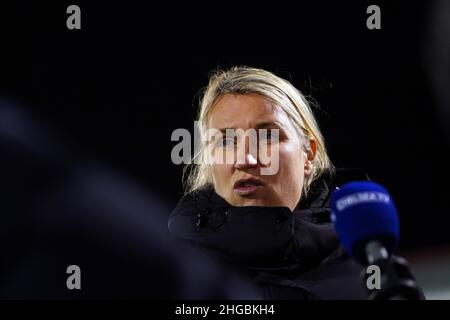 Emma Hayes, directrice de Chelsea, après le quart de finale de la coupe de la Ligue des femmes continentales au stade Chigwell Construction, à Londres.Date de la photo: Mercredi 19 janvier 2022. Banque D'Images