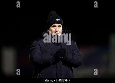 Emma Hayes, directrice de Chelsea, après le quart de finale de la coupe de la Ligue des femmes continentales au stade Chigwell Construction, à Londres.Date de la photo: Mercredi 19 janvier 2022. Banque D'Images