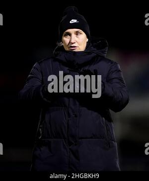 Emma Hayes, directrice de Chelsea, après le quart de finale de la coupe de la Ligue des femmes continentales au stade Chigwell Construction, à Londres.Date de la photo: Mercredi 19 janvier 2022. Banque D'Images