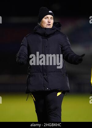 Emma Hayes, directrice de Chelsea, après le quart de finale de la coupe de la Ligue des femmes continentales au stade Chigwell Construction, à Londres.Date de la photo: Mercredi 19 janvier 2022. Banque D'Images