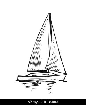 Le yacht à voile flotte sur les vagues.Vue latérale.Petit bateau pour les loisirs et les voyages.Esquisse de contour.Dessin manuel isolé sur fond blanc.Vecteur Illustration de Vecteur