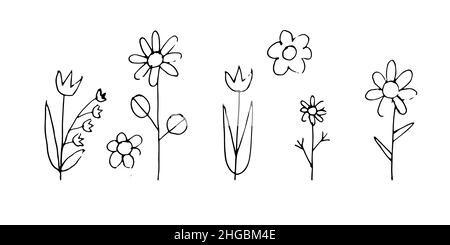 Définissez les fleurs des prés dans le style de dessin des enfants.Paysage naïf.Esquisse de contour.Le dessin à la main est isolé sur un fond blanc.Vecteur Illustration de Vecteur