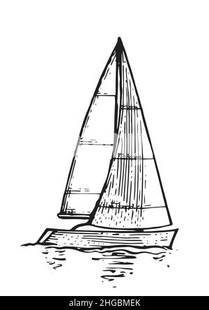 Le yacht à voile flotte sur les vagues.Vue latérale.Petit bateau pour les loisirs et les voyages.Esquisse de contour.Dessin manuel isolé sur fond blanc.Vecteur Illustration de Vecteur