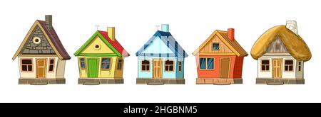 Ensemble de petites maisons de village ancien.Fabuleux objets de dessin animé.Joli style puéril.Ancienne habitation.Petite maison minuscule.Isolé sur fond blanc Illustration de Vecteur