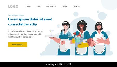 Femmes de ménage en uniforme avec équipement, service de nettoyage à l'hôtel.Template webite, vecteur Illustration de Vecteur