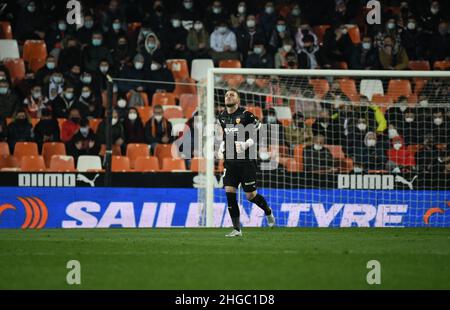 Valence, Valence, Espagne.19th janvier 2022.VALENCE - JANVIER 19 : Jasper Cillessen de Valence pendant le match de la Liga entre Valence et Séville au stade Mestalla le 19 janvier 2022 à Valence, Espagne.(Image de crédit : © Sara ARIB/PX Imagens via ZUMA Press Wire) Banque D'Images