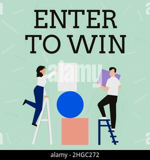 Affiche entrer pour gagner. Idée d'affaires échange quelque chose de valeur pour le prix chance gagnant couple de prix tirage en utilisant l'échelle placement Grand vide Banque D'Images