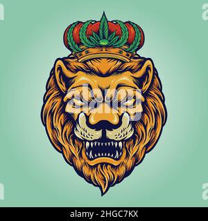 Lion tête avec Cannabis Crown illustrations vectorielles pour votre travail logo, t-shirt de marchandise de mascotte, autocollants et dessins d'étiquettes, affiche, cartes de vœux Illustration de Vecteur