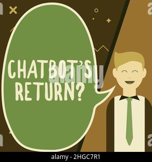 Légende du texte présentant Chatbot s is Return question. Business Showcase programme qui communiquent utiliser l'interface de texte et ai Illustration de l'homme d'affaires Banque D'Images