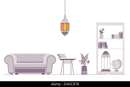 Intérieur maison illustration salon vide canapé chaise dans blanc gris lanterne lustre islam ramadhan symbole célébration Illustration de Vecteur