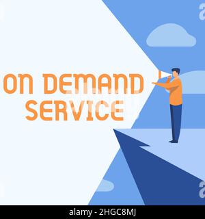 Inspiration pour le service Sign On Demand. Business concept permet aux consommateurs de personnaliser les capacités informatiques homme d'affaires dessin debout Banque D'Images