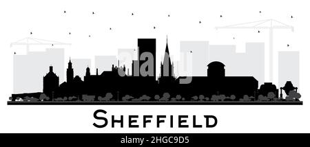 Sheffield UK City Skyline Silhouette avec bâtiments noirs isolés sur blanc.Illustration vectorielle.Ville de Sheffield dans le Yorkshire du Sud avec sites touristiques. Illustration de Vecteur