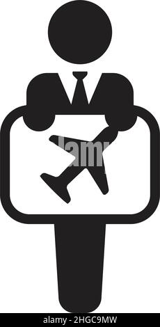 Vecteur d'icône d'affaires, homme avec symbole de plan d'air à bord pour voyager dans une illustration de pictogramme de glyphe Illustration de Vecteur