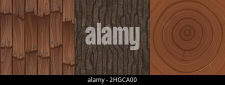 Textures en bois pour le jeu, le toit en bois se chevauchent avec des clous, l'écorce d'arbre et les cercles d'âge couper des tuiles de bande dessinée sans couture modèle.Toiture de maison et matériaux naturels, éléments ui de conception marron texturé, ensemble Vector Illustration de Vecteur
