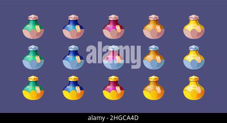 Icônes de jeu de bouteilles avec potion magique, poison, élixir alchimie ou chimique.Ensemble de flacons en verre fantaisie à dessins animés vectoriels avec bouchons, étiquettes et potions de liquide de couleur or, argent et bronze Illustration de Vecteur