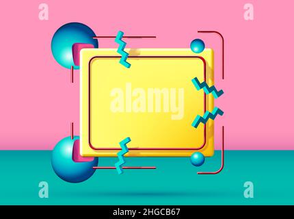 Cadre abstrait de style 90 avec objets et formes 3d volants.Arrière-plan rose et vert. Illustration de Vecteur