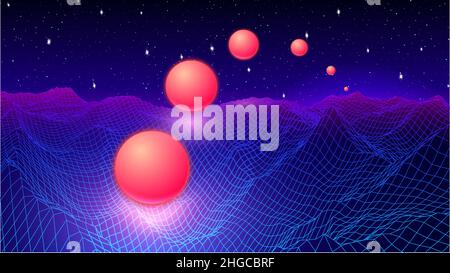 Paysage avec grille filaire de 80s style rétro jeu d'ordinateur ou de science inspiré 3D structure avec sphères de lumière et montagnes ou collines Illustration de Vecteur