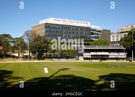 Photographie couleur d'un champ et du Susan Wakil Health Building, Western Avenue, Université de Sydney, Camperdown, Nouvelle-Galles du Sud, Australie, 2021. Banque D'Images