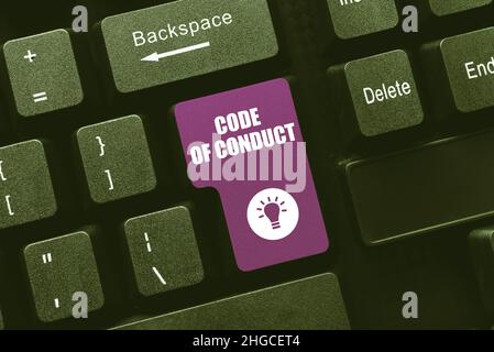Code de conduite en écriture manuscrite. Concept Internet ensemble de principes sont l'éthique, le respect, le code, l'honnêteté et l'intégrité Résumé Inscription en ligne Banque D'Images
