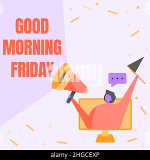 Texte montrant l'inspiration Vendredi matin. Mot écrit sur l'expression positive et inspirée au sujet de week-end Lady à l'intérieur D'Un écran de moniteur dessin Banque D'Images