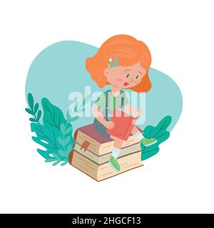 Illustration vectorielle d'une fille de lecture assise sur une pile de livres avec des plantes en arrière-plan. Éducation pour tous. Passe-temps éducatif. Un enfant Illustration de Vecteur