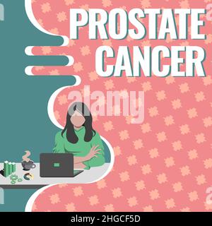 Inspiration montrant le signe cancer de la prostate. Internet concept cancer se développe dans la glande de la femme du système reproducteur mâle assis en utilisant portable en ligne Banque D'Images